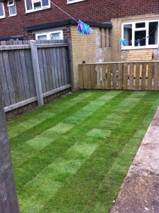 small tanallised fence.garden rotovated levelled ,turfed.